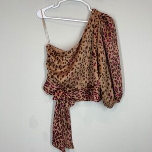 Express Blouse Women's L Brown Leopard Print One Shoulder Satin Romantic Bow